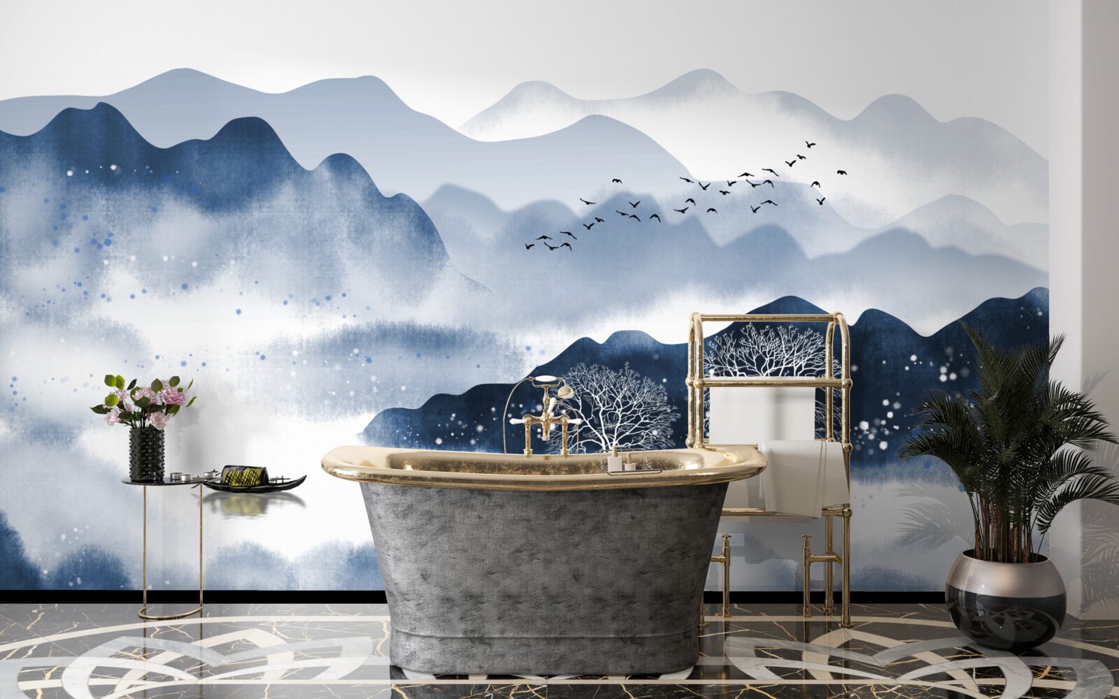 Papier peint un pêcheur à la ligne nage lentement le long d'un réservoir de montagne tranquille