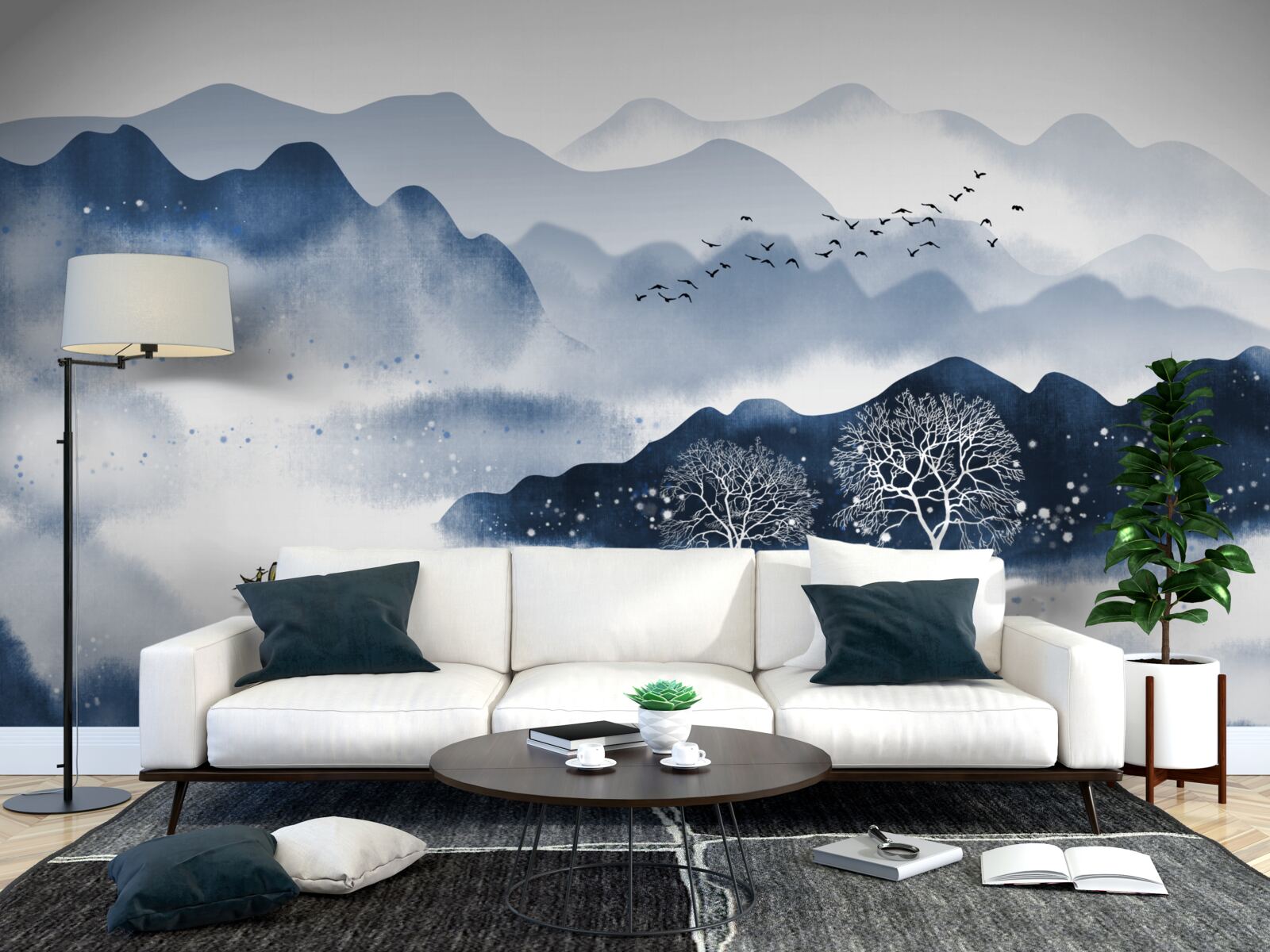 Papier peint un pêcheur à la ligne nage lentement le long d'un réservoir de montagne tranquille