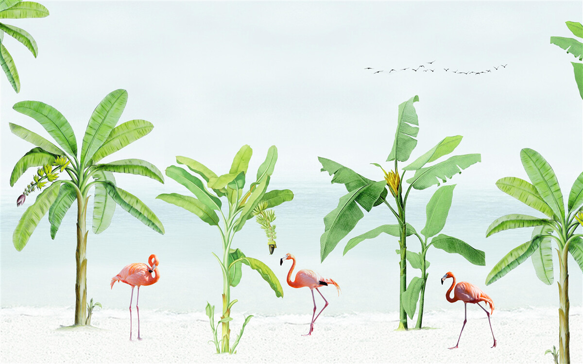 Papier peint flamants roses sur une côte de palmiers