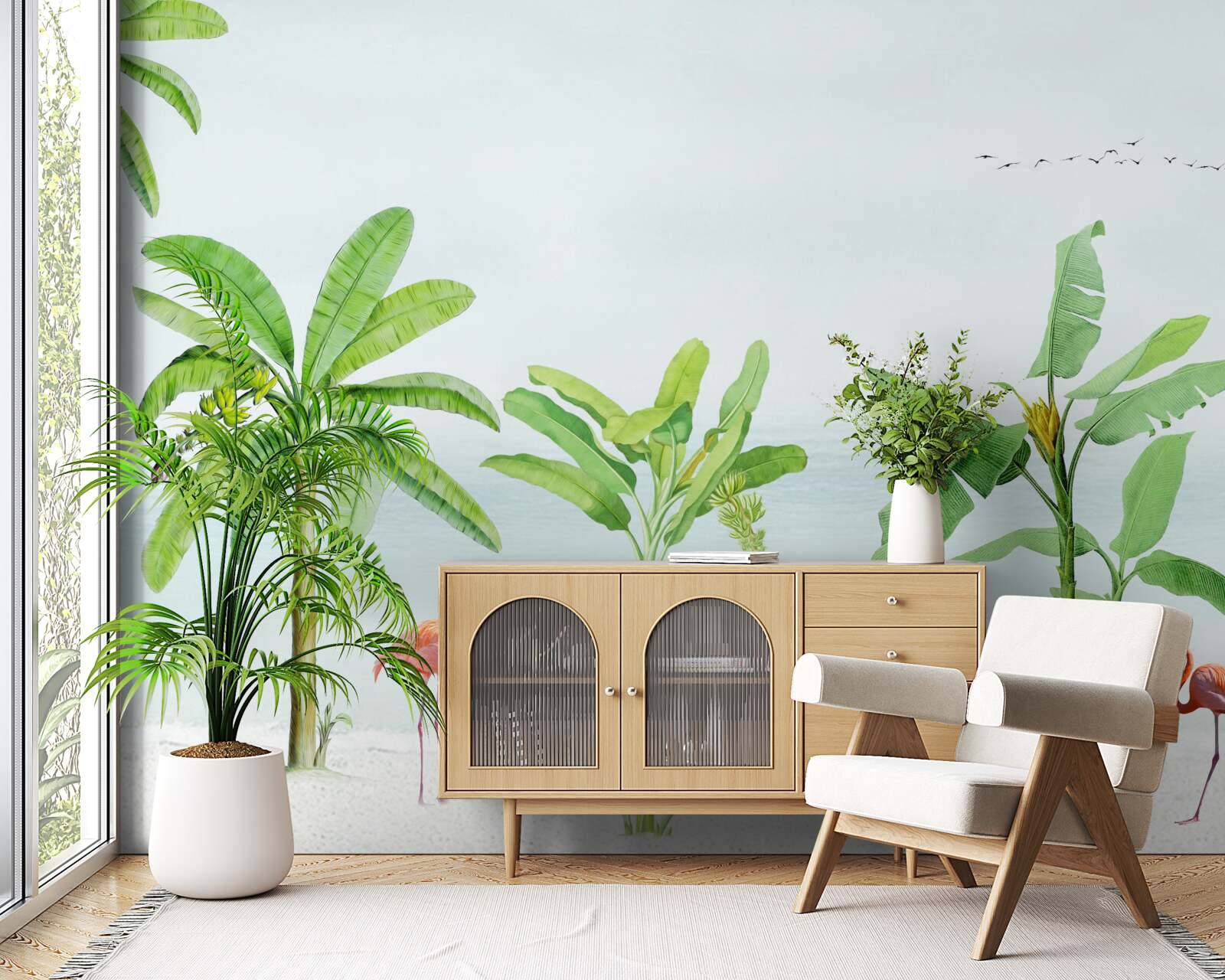 Papier peint flamants roses sur une côte de palmiers