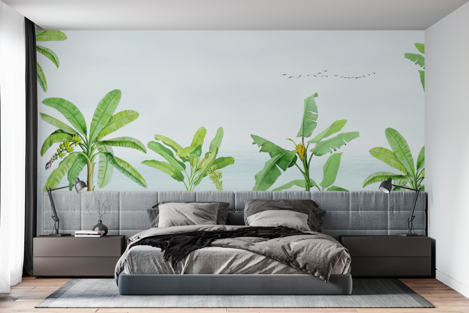 Papier peint flamants roses sur une côte de palmiers