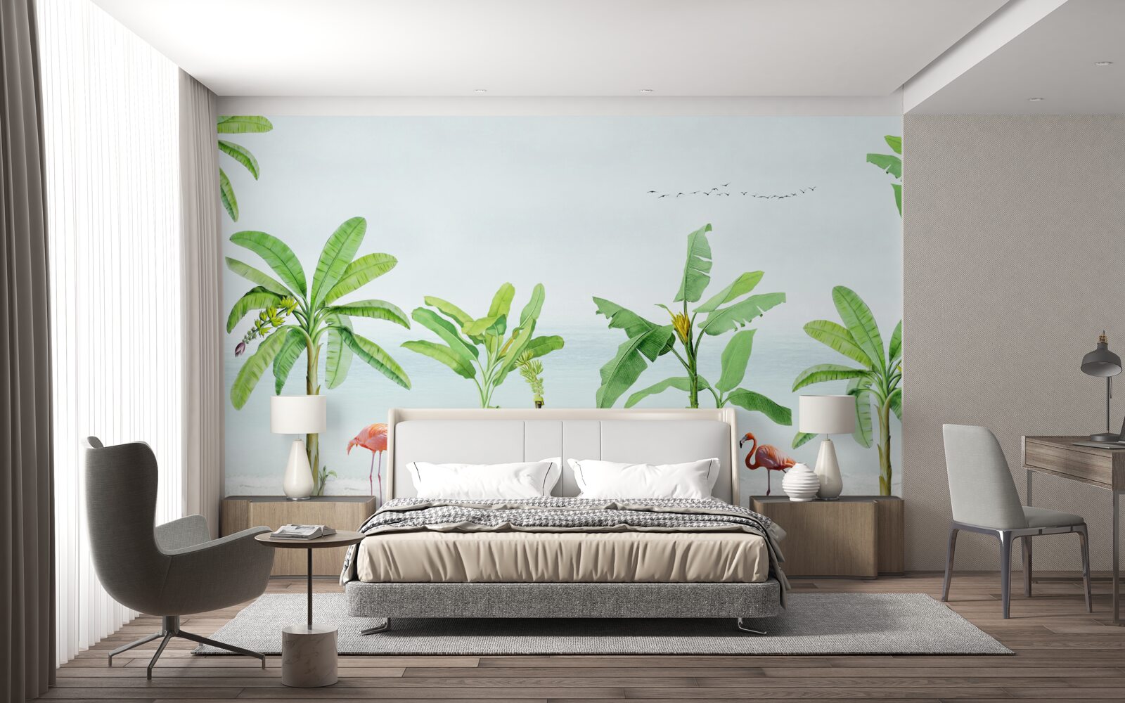 Papier peint flamants roses sur une côte de palmiers