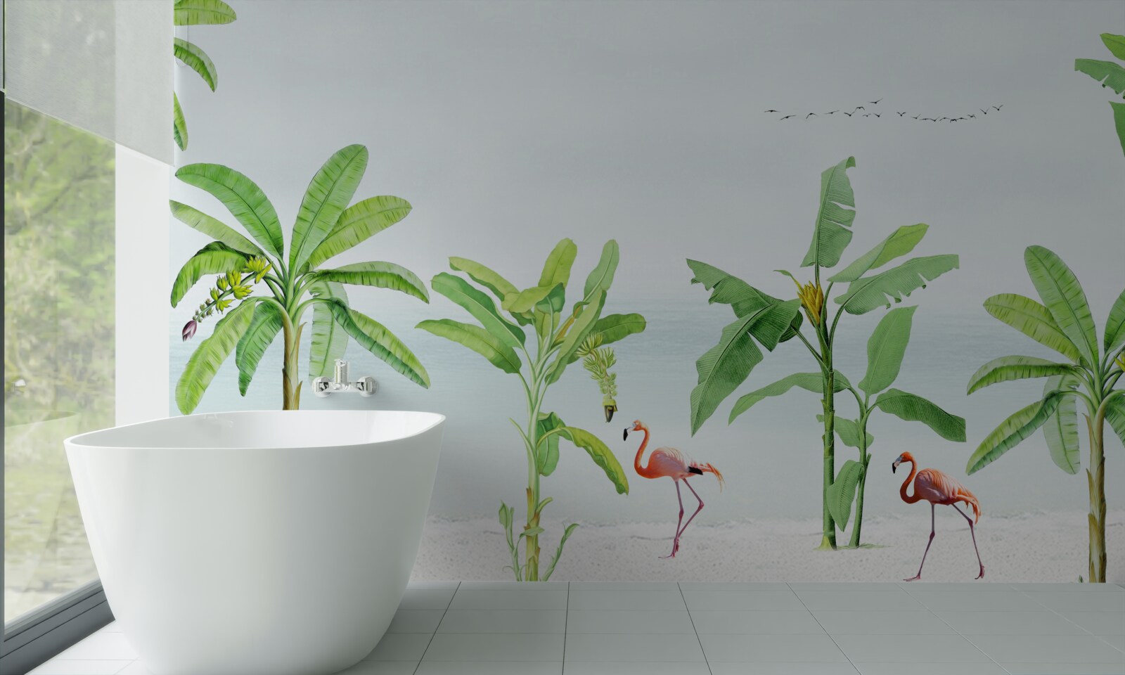 Papier peint flamants roses sur une côte de palmiers