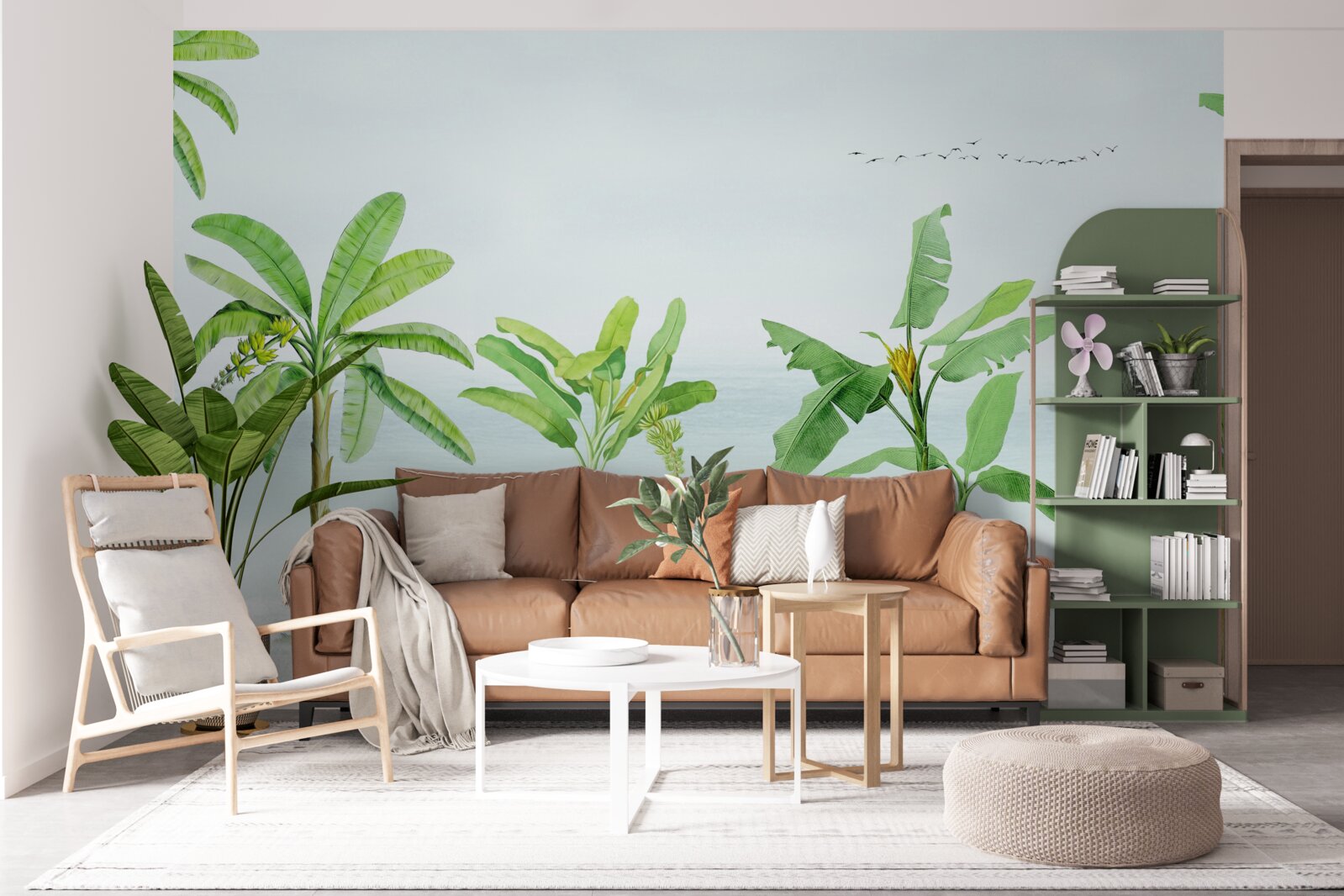 Papier peint flamants roses sur une côte de palmiers