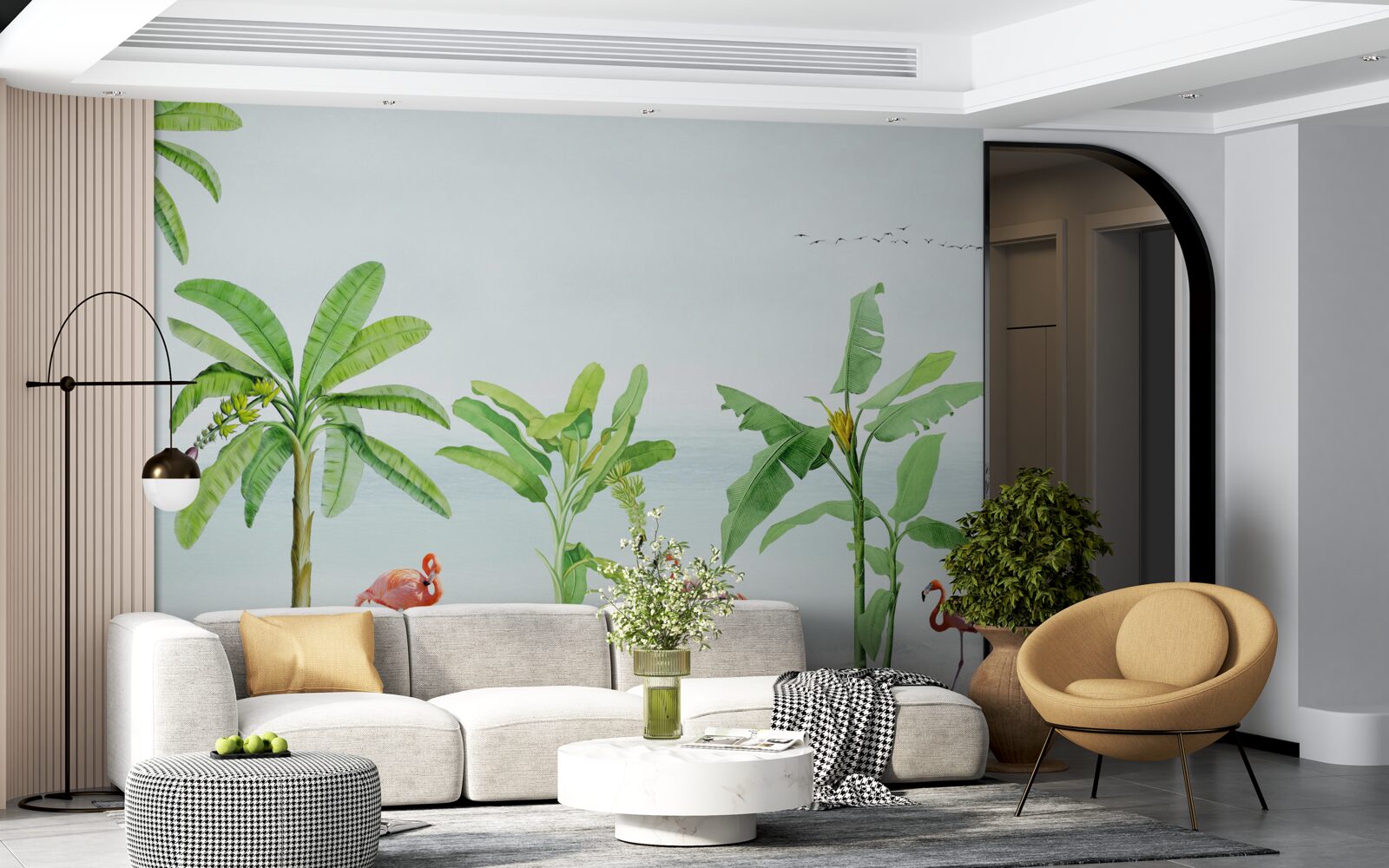 Papier peint flamants roses sur une côte de palmiers