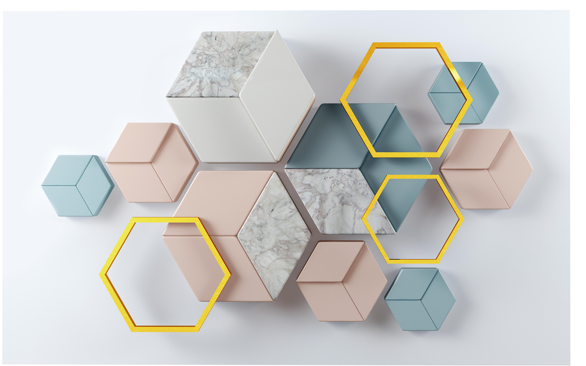 Papier peint formes pentagonales en trois dimensions sur fond gris