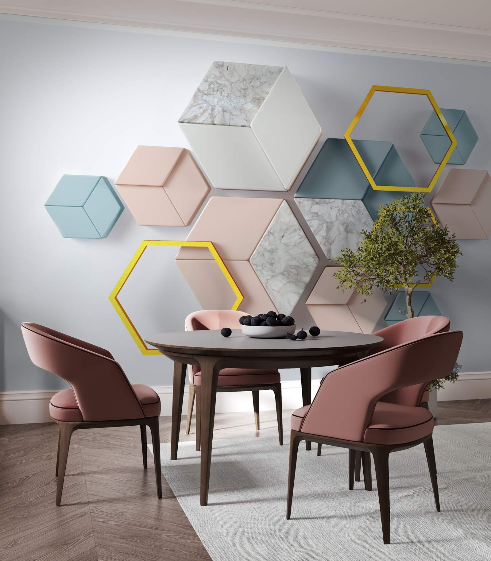 Papier peint formes pentagonales en trois dimensions sur fond gris