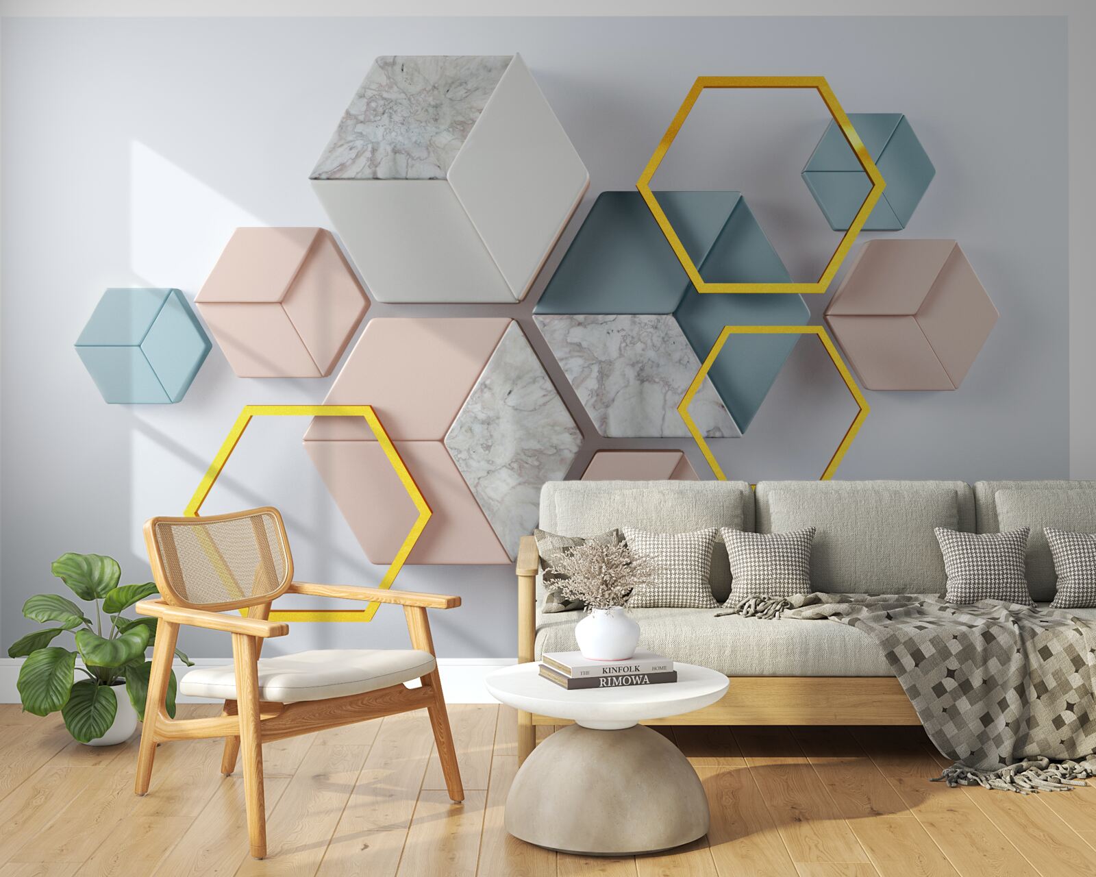 Papier peint formes pentagonales en trois dimensions sur fond gris