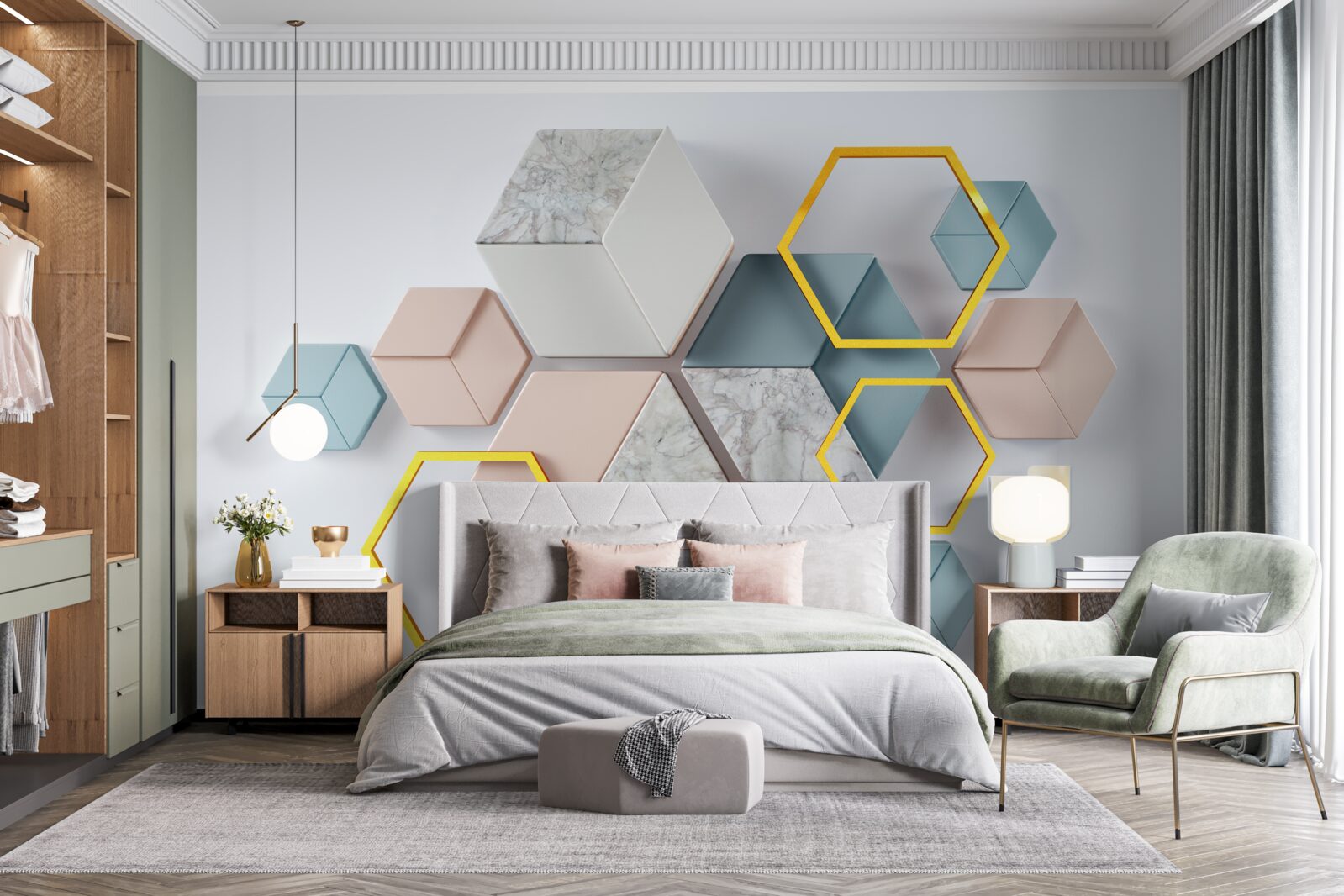 Papier peint formes pentagonales en trois dimensions sur fond gris