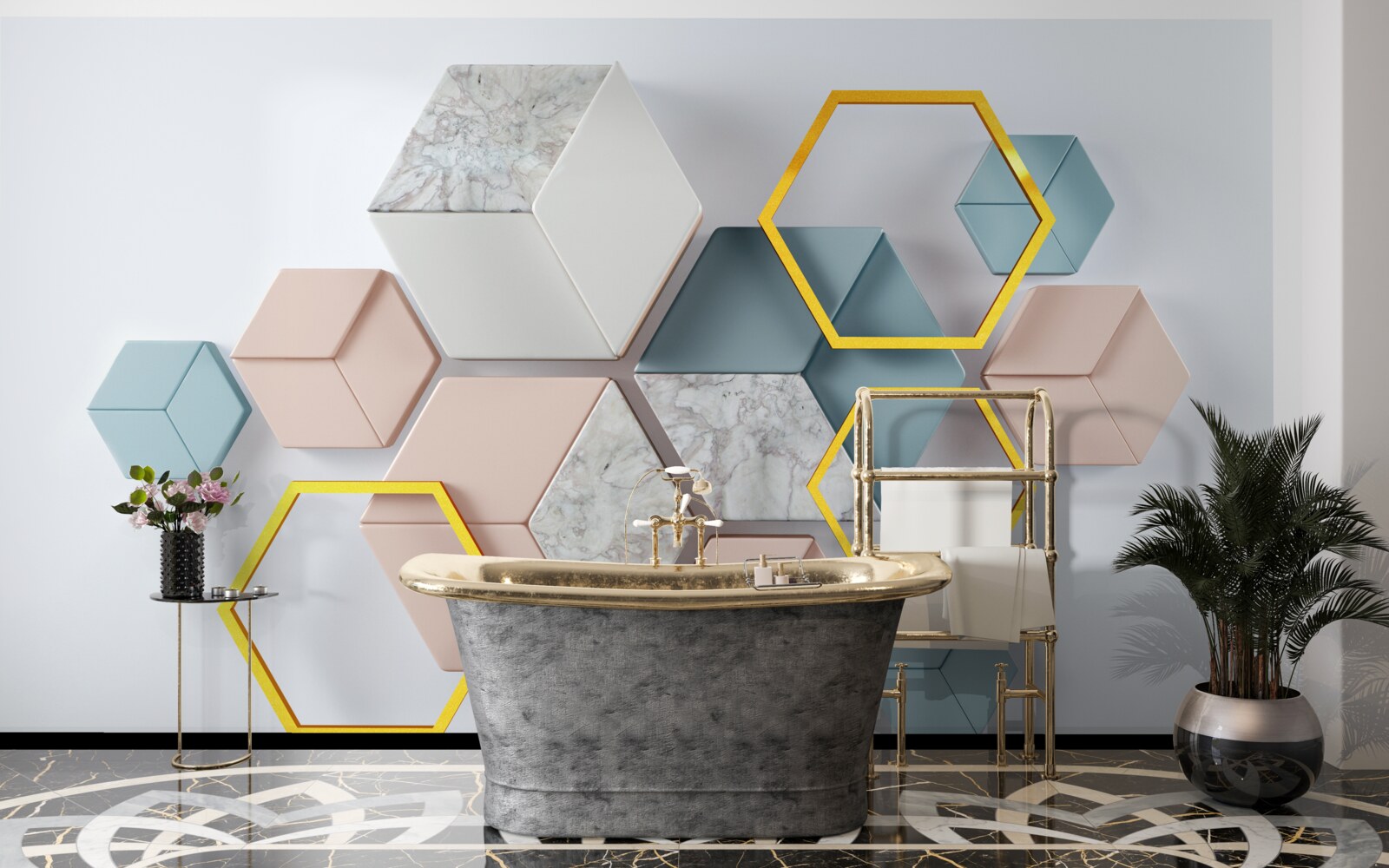 Papier peint formes pentagonales en trois dimensions sur fond gris