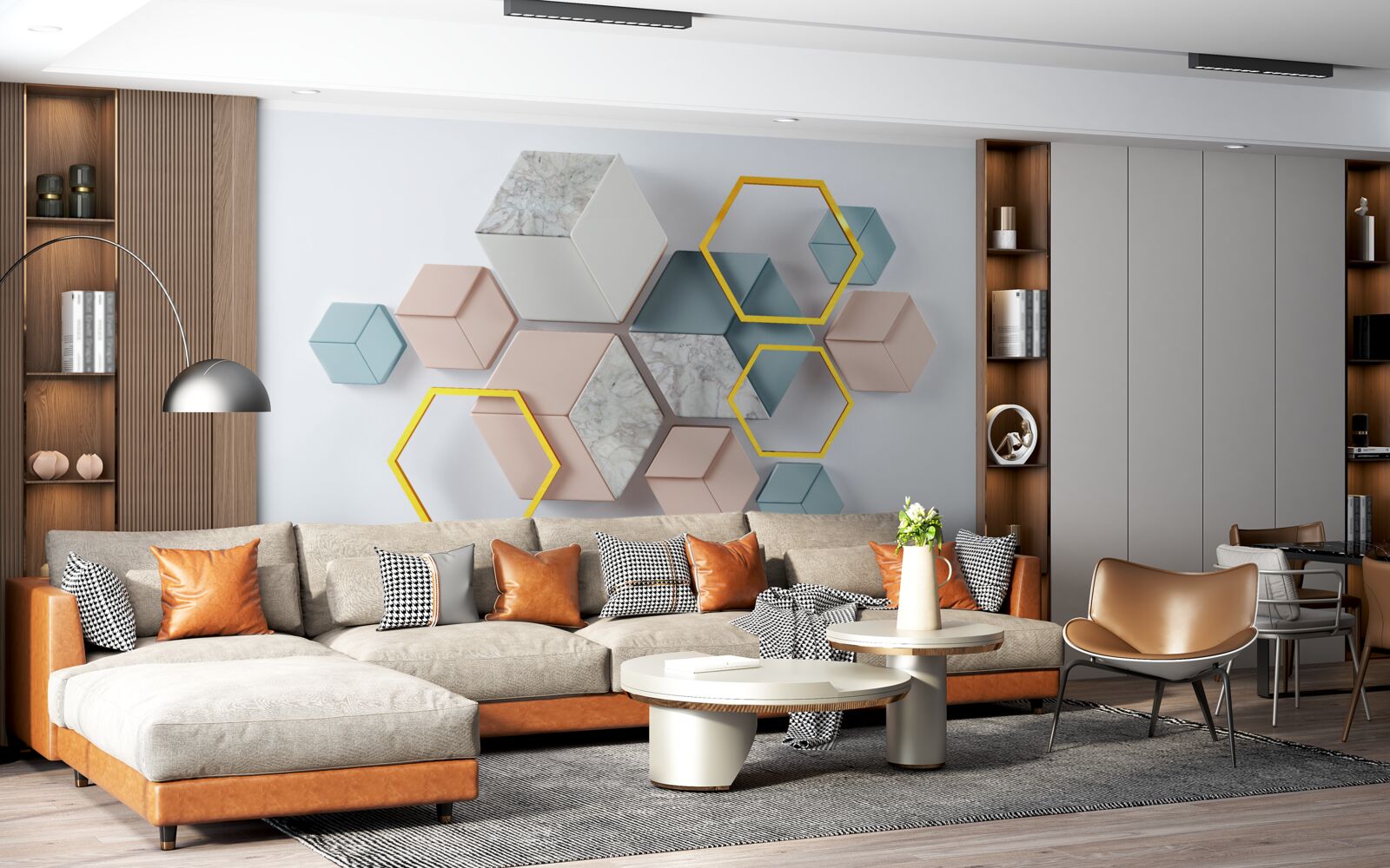 Papier peint formes pentagonales en trois dimensions sur fond gris