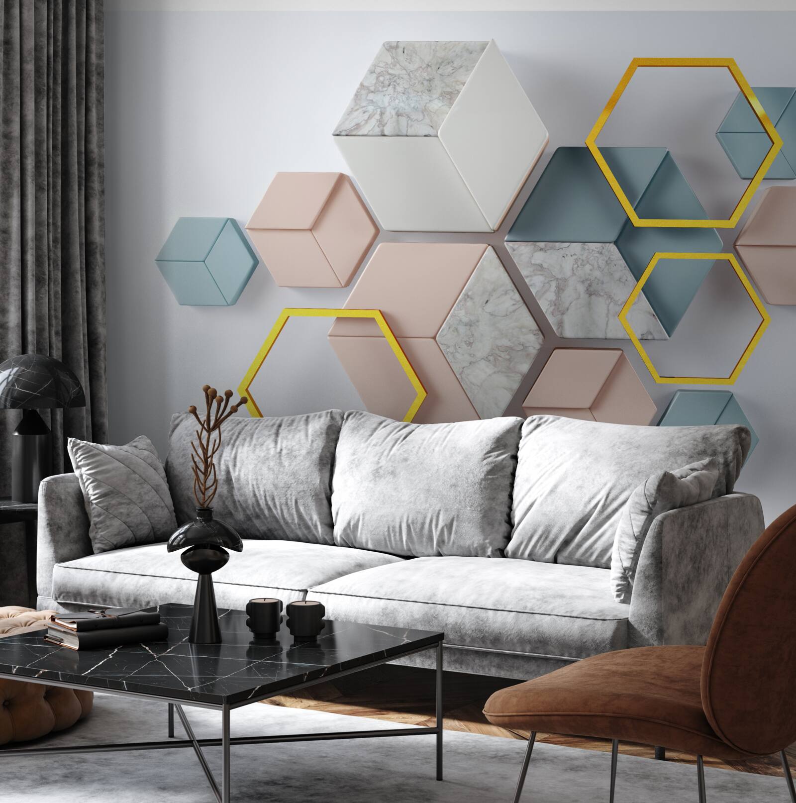 Papier peint formes pentagonales en trois dimensions sur fond gris