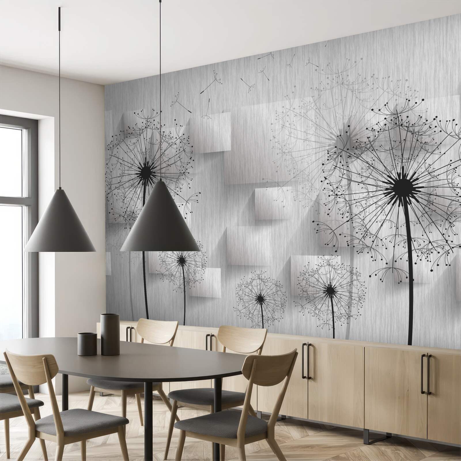 Papier peint pissenlits sur fond de formes géométriques formant des carrés