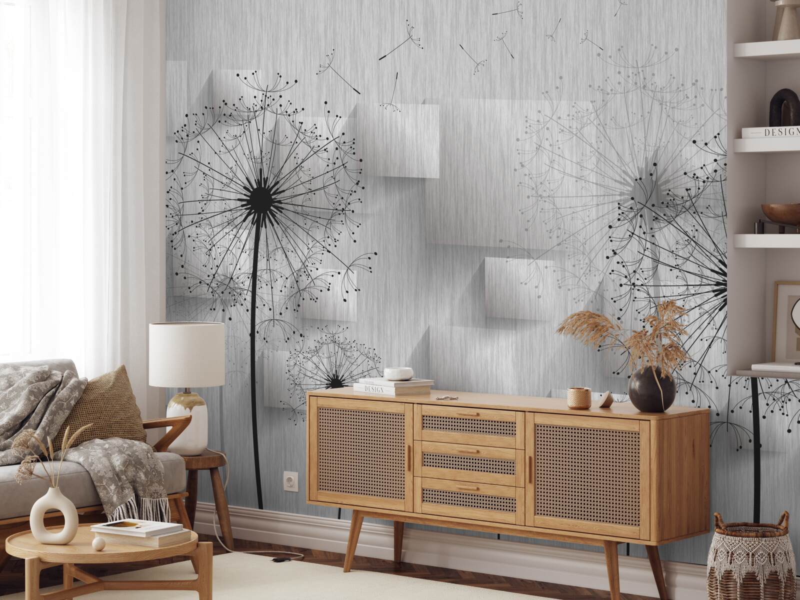 Papier peint pissenlits sur fond de formes géométriques formant des carrés