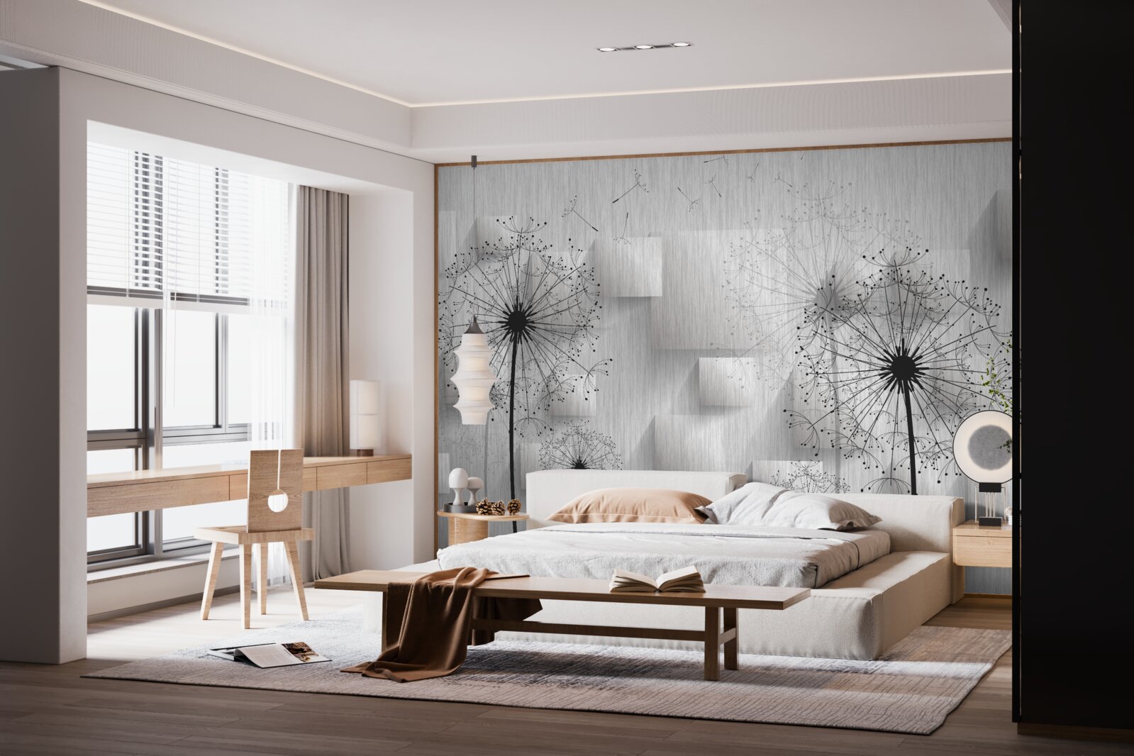 Papier peint pissenlits sur fond de formes géométriques formant des carrés