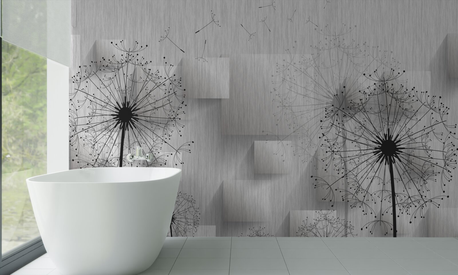 Papier peint pissenlits sur fond de formes géométriques formant des carrés