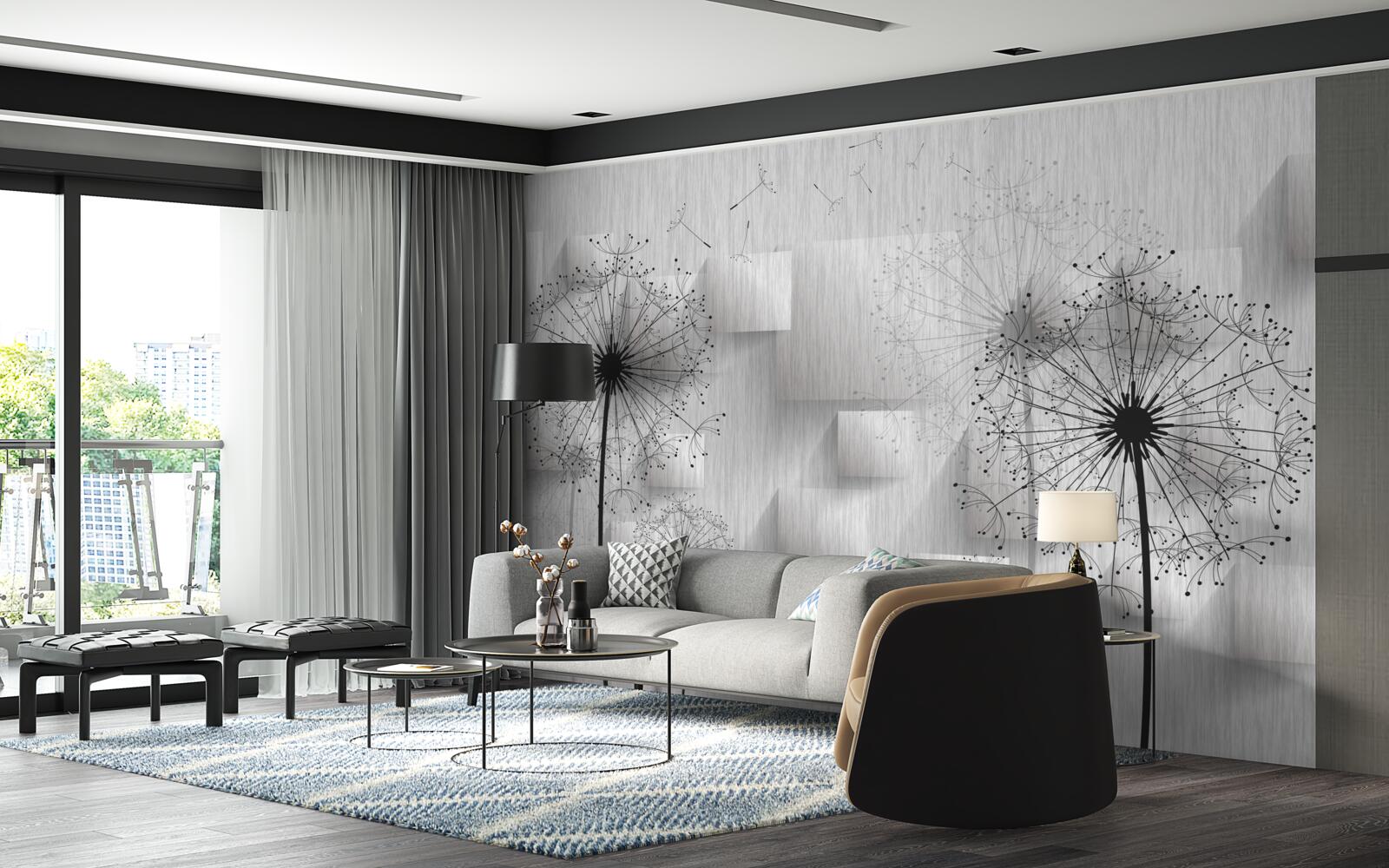 Papier peint pissenlits sur fond de formes géométriques formant des carrés