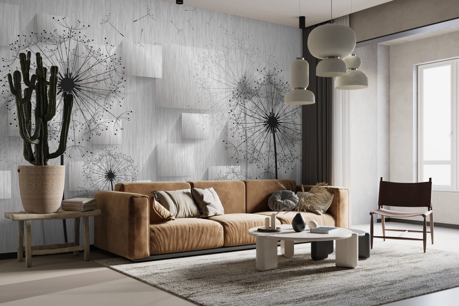 Papier peint pissenlits sur fond de formes géométriques formant des carrés