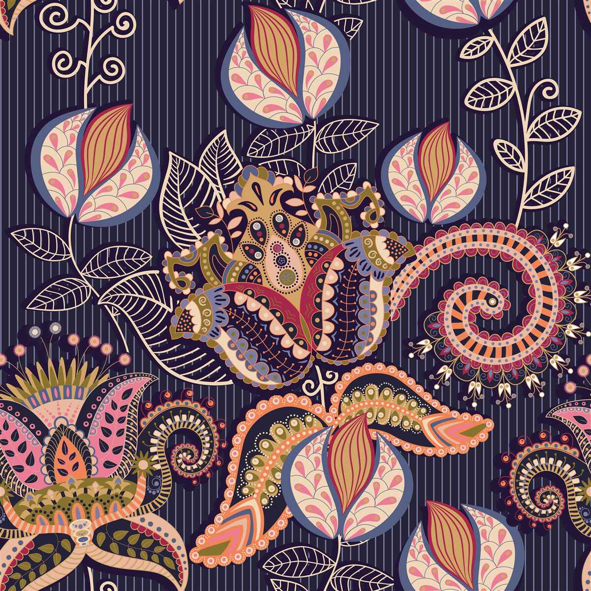 Papier peint fleurs de style vintage sur fond bleu