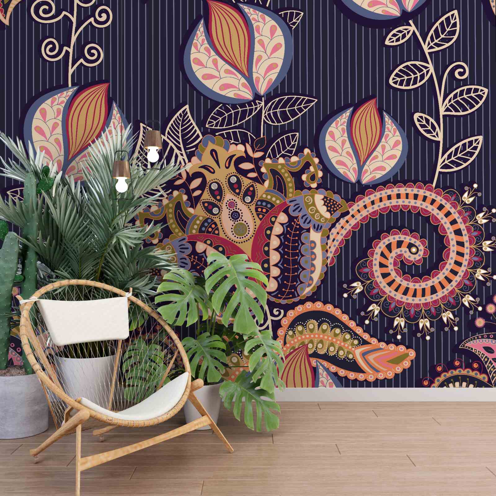 Papier peint fleurs de style vintage sur fond bleu