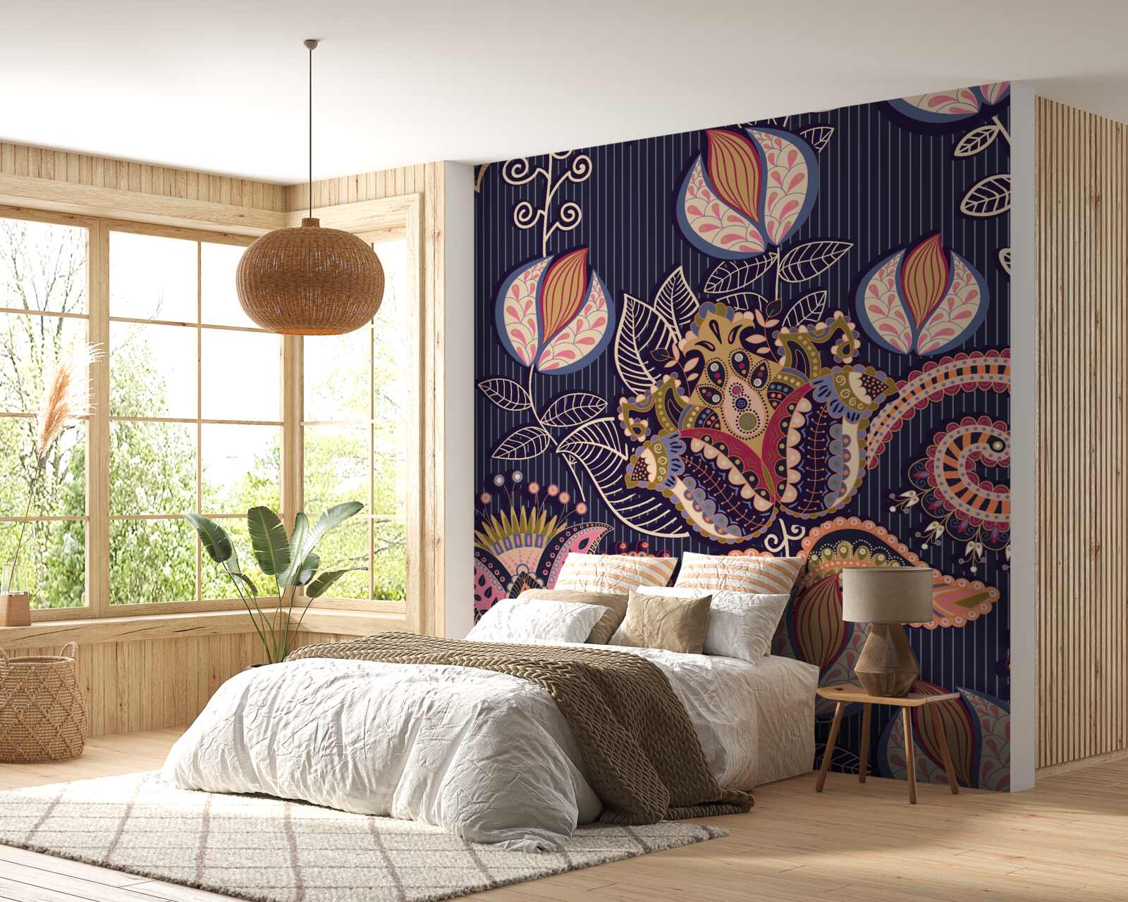 Papier peint fleurs de style vintage sur fond bleu