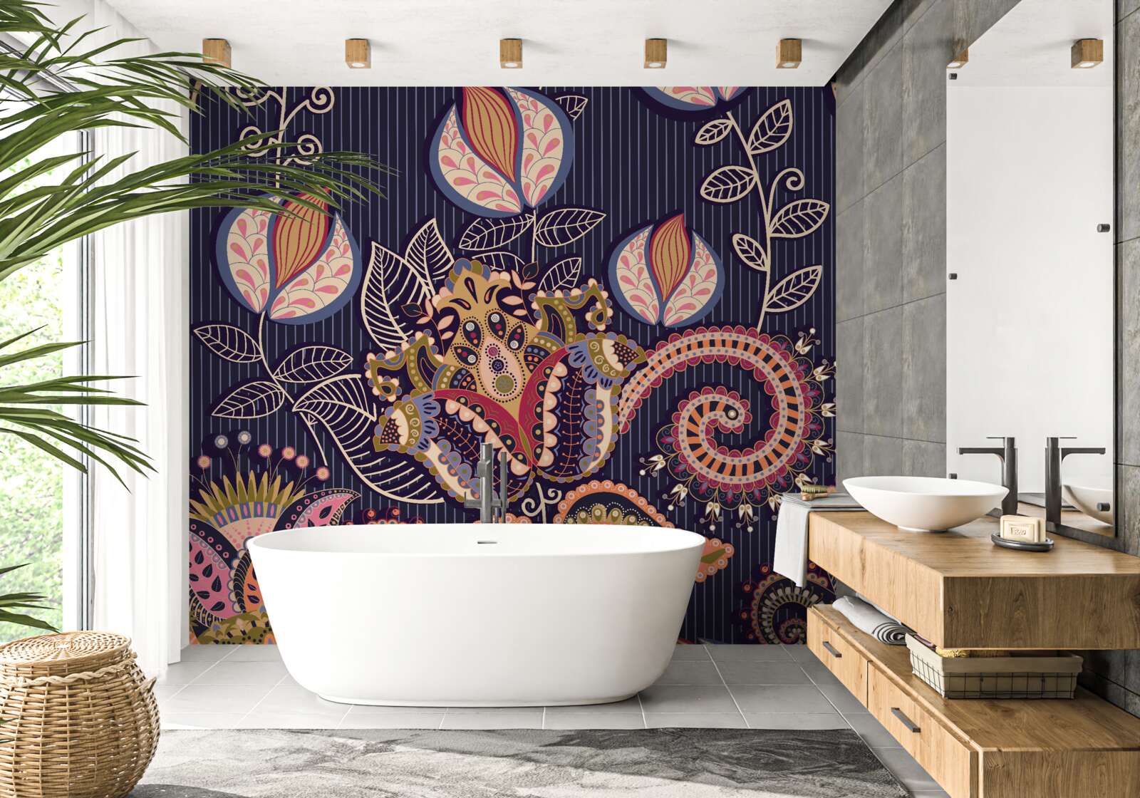 Papier peint fleurs de style vintage sur fond bleu