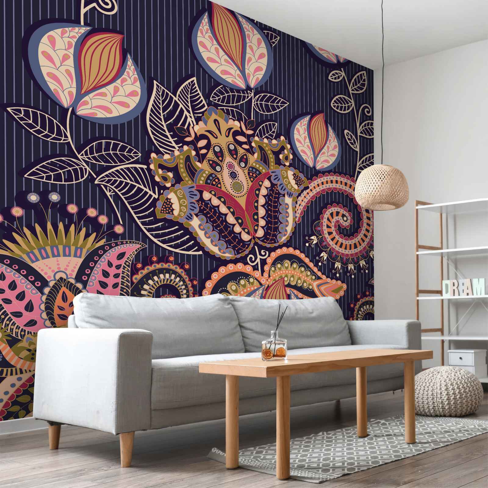 Papier peint fleurs de style vintage sur fond bleu