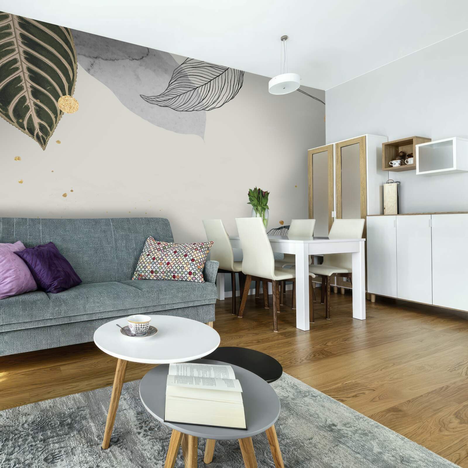 Papier peint grandes feuilles tropicales sur fond gris