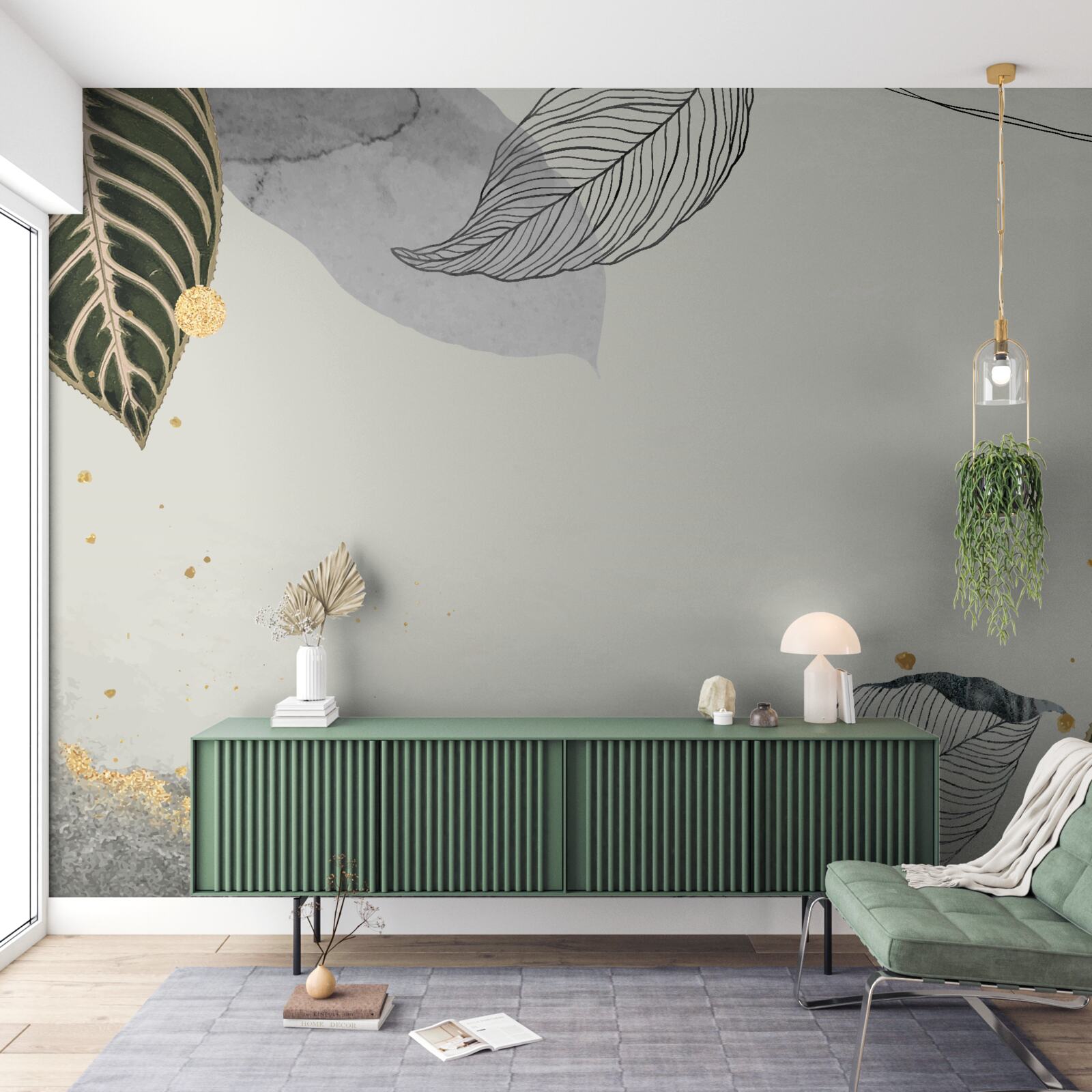 Papier peint grandes feuilles tropicales sur fond gris