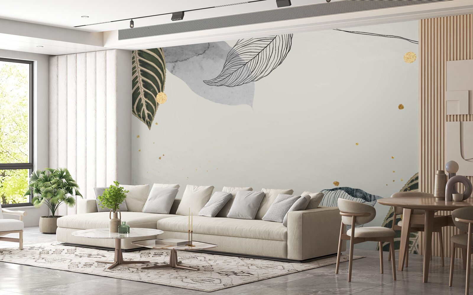 Papier peint grandes feuilles tropicales sur fond gris