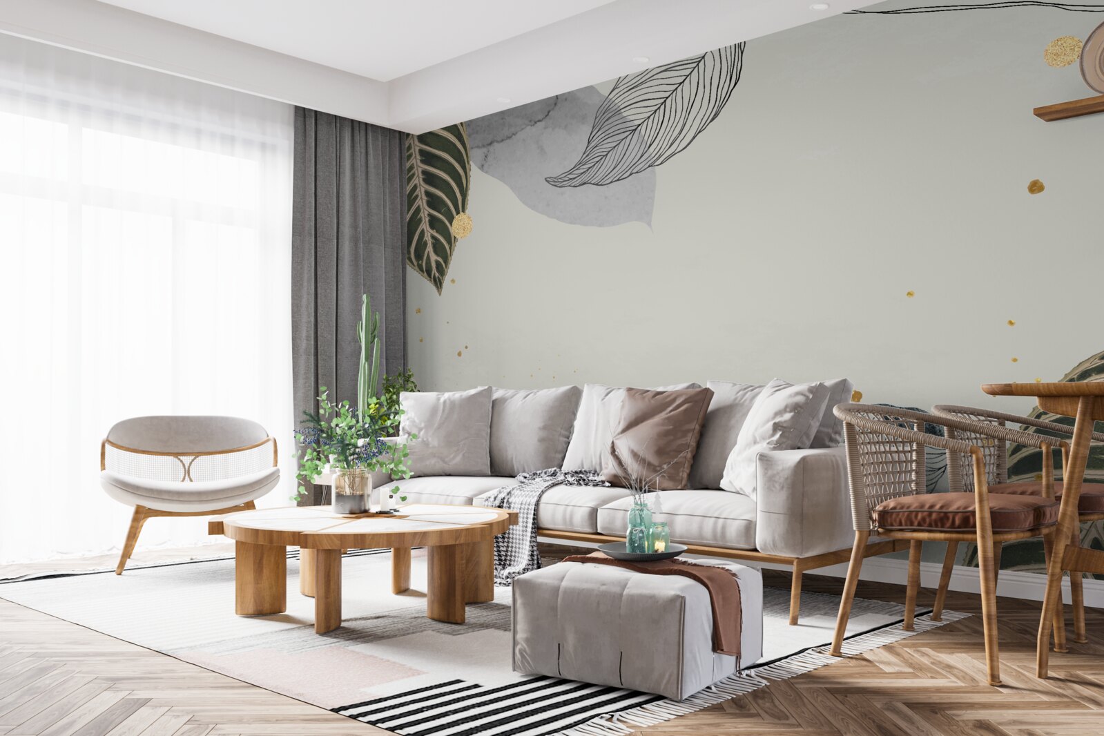 Papier peint grandes feuilles tropicales sur fond gris