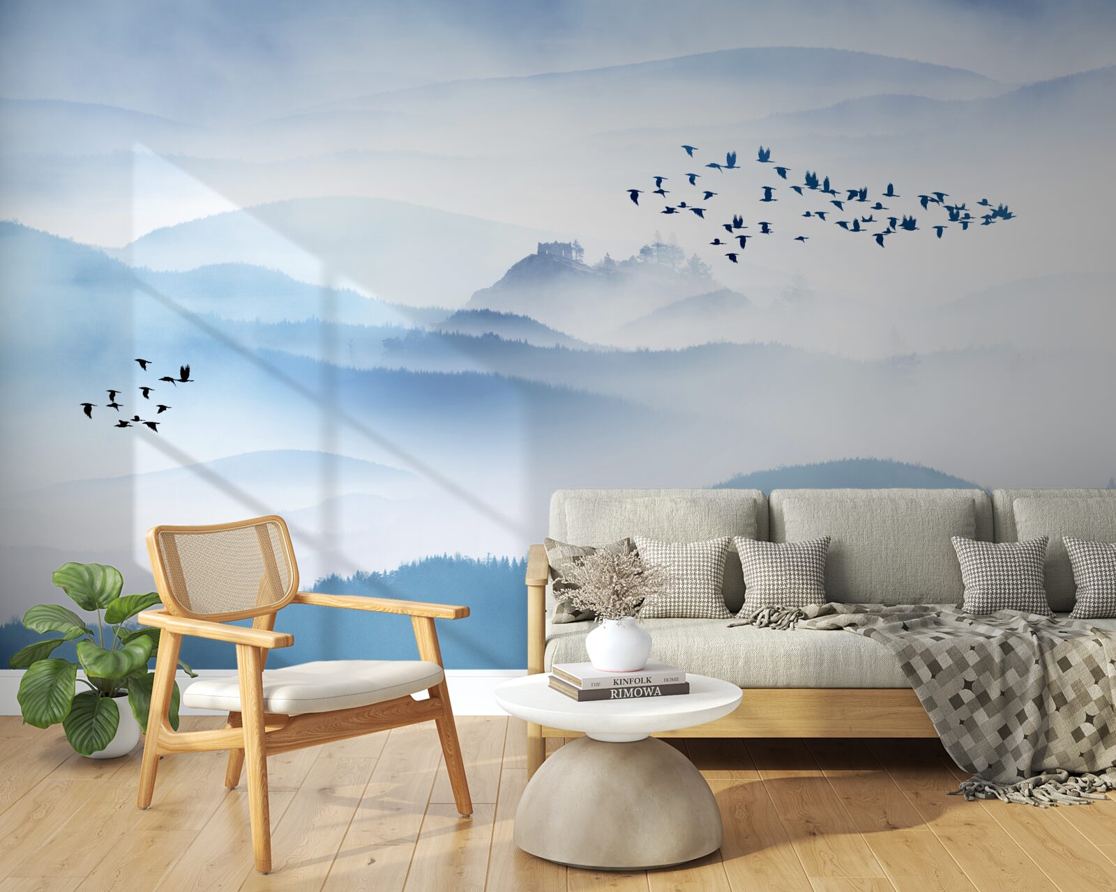 Papier peint des groupes d'oiseaux s'élèvent au-dessus des sommets brumeux