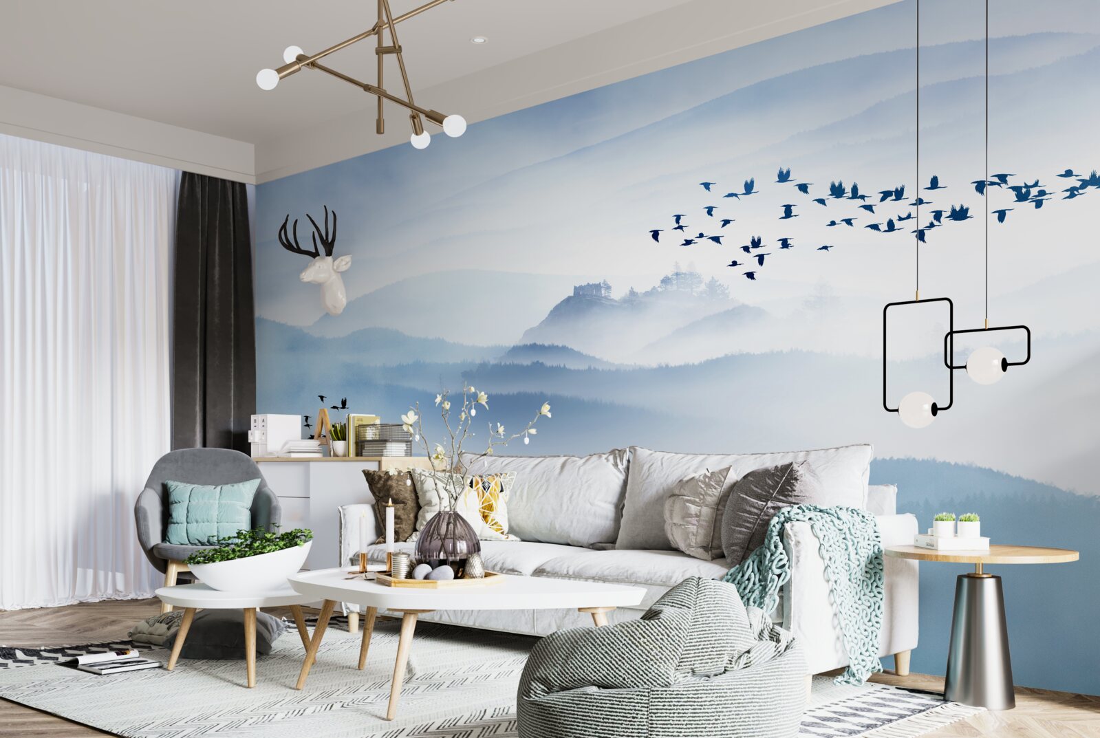 Papier peint des groupes d'oiseaux s'élèvent au-dessus des sommets brumeux