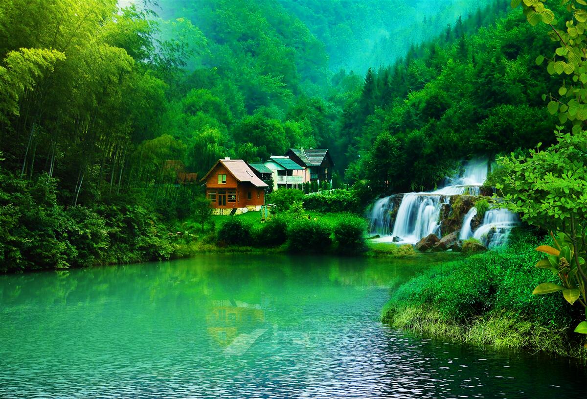 Papier peint une cascade paisible près d'une maison au bord d'un lac