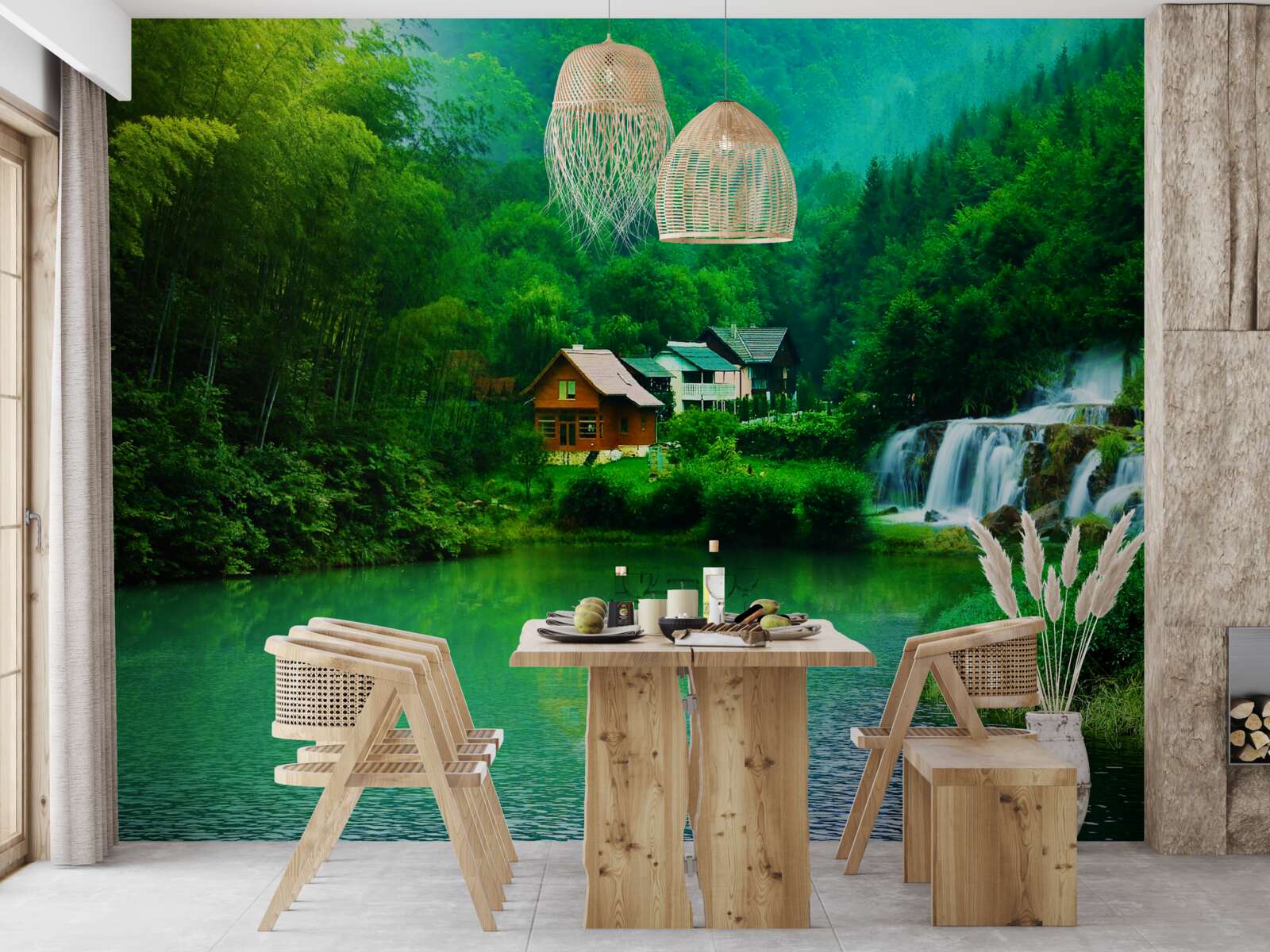 Papier peint une cascade paisible près d'une maison au bord d'un lac