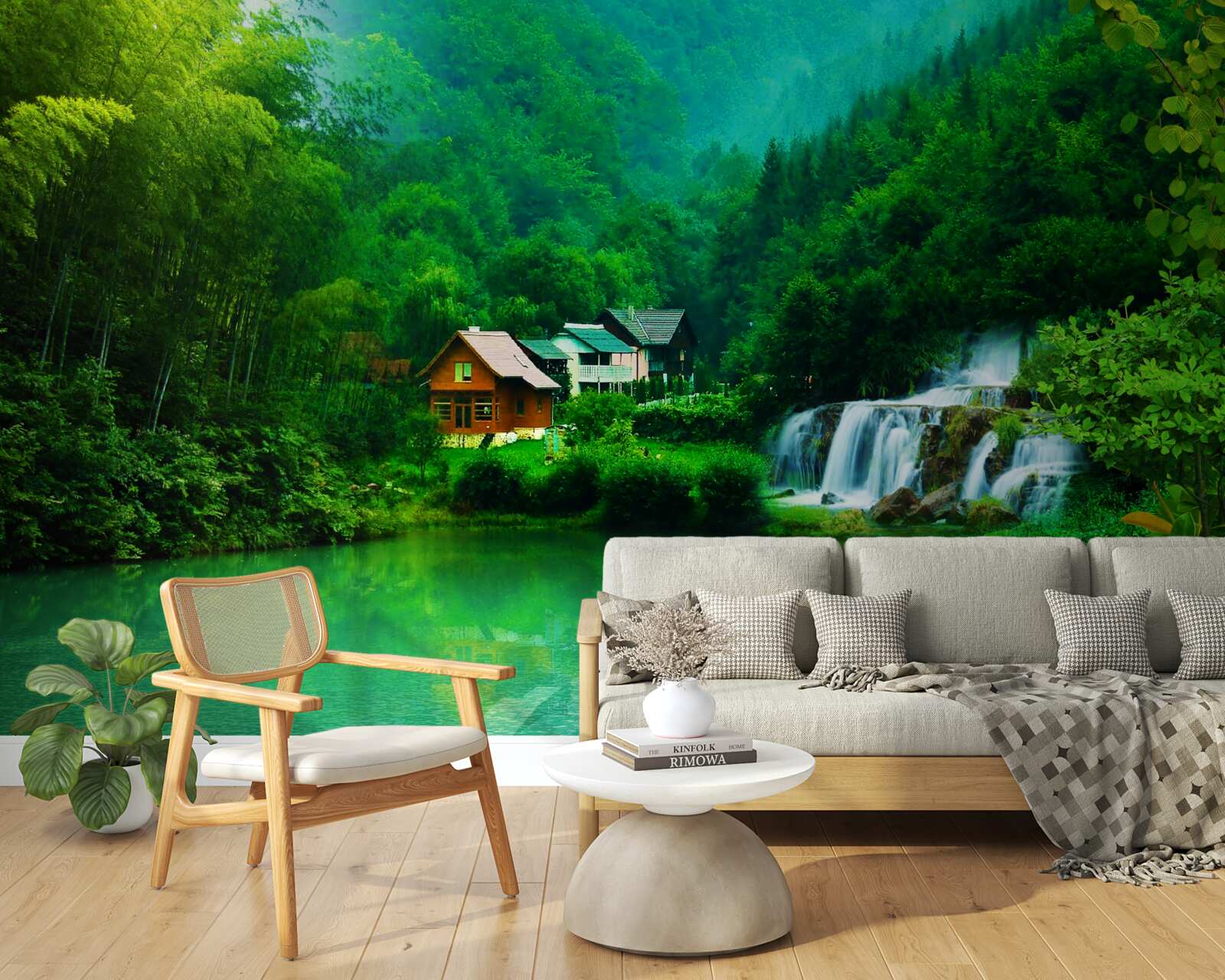 Papier peint une cascade paisible près d'une maison au bord d'un lac