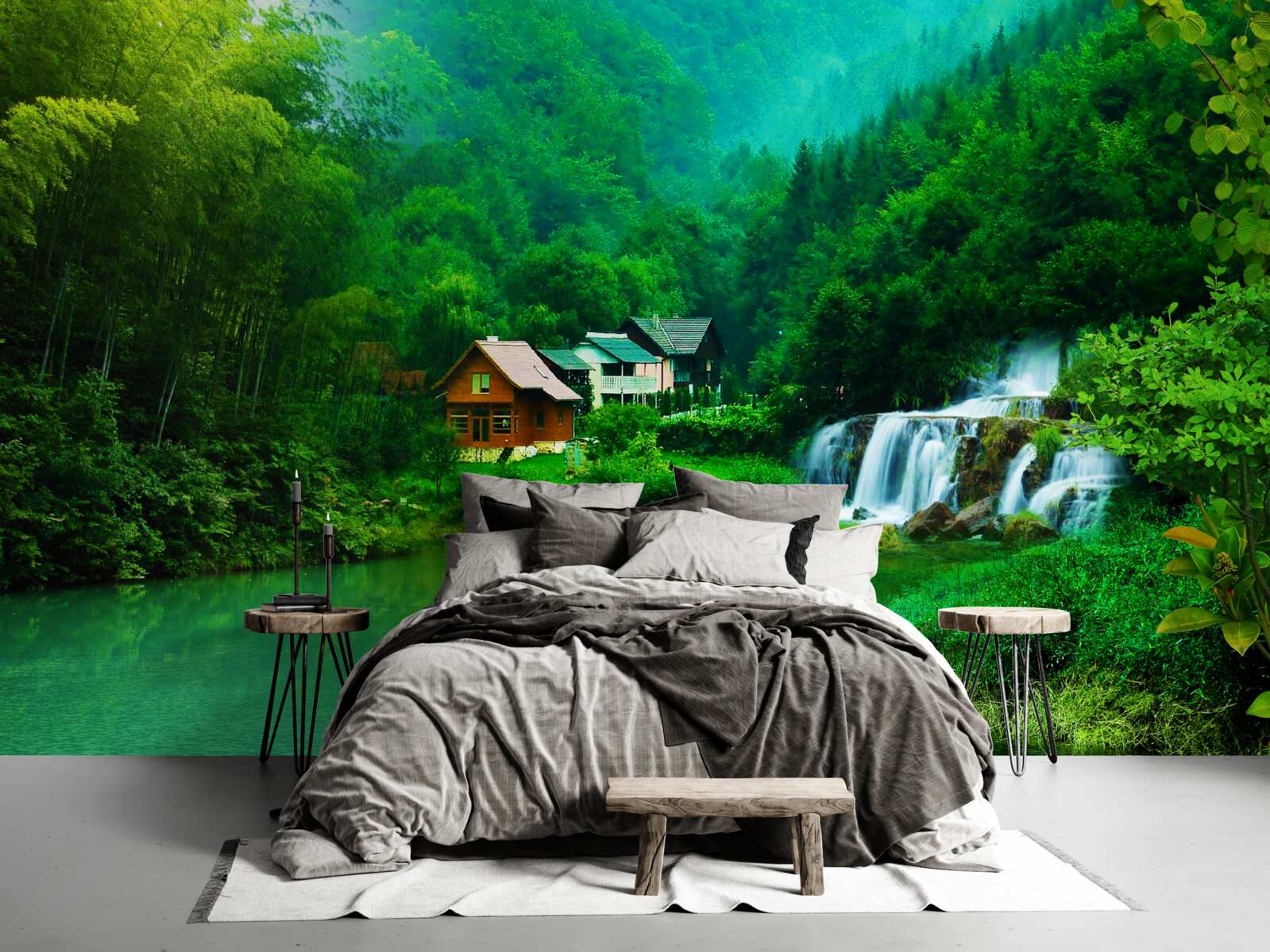 Papier peint une cascade paisible près d'une maison au bord d'un lac