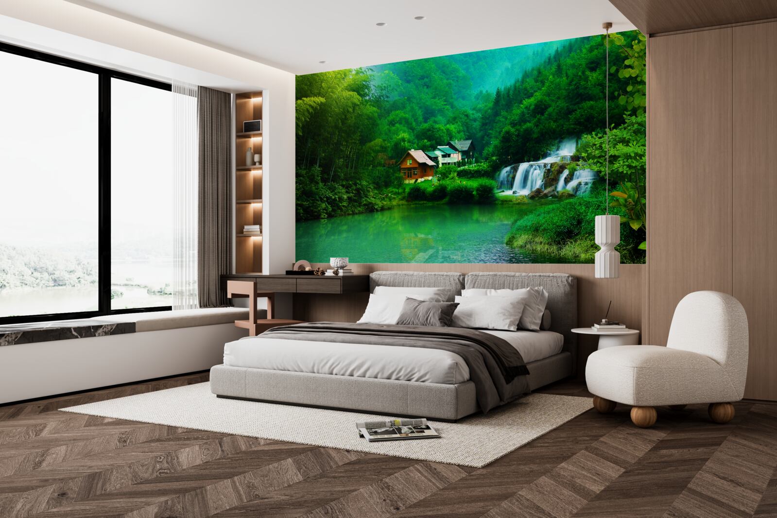 Papier peint une cascade paisible près d'une maison au bord d'un lac