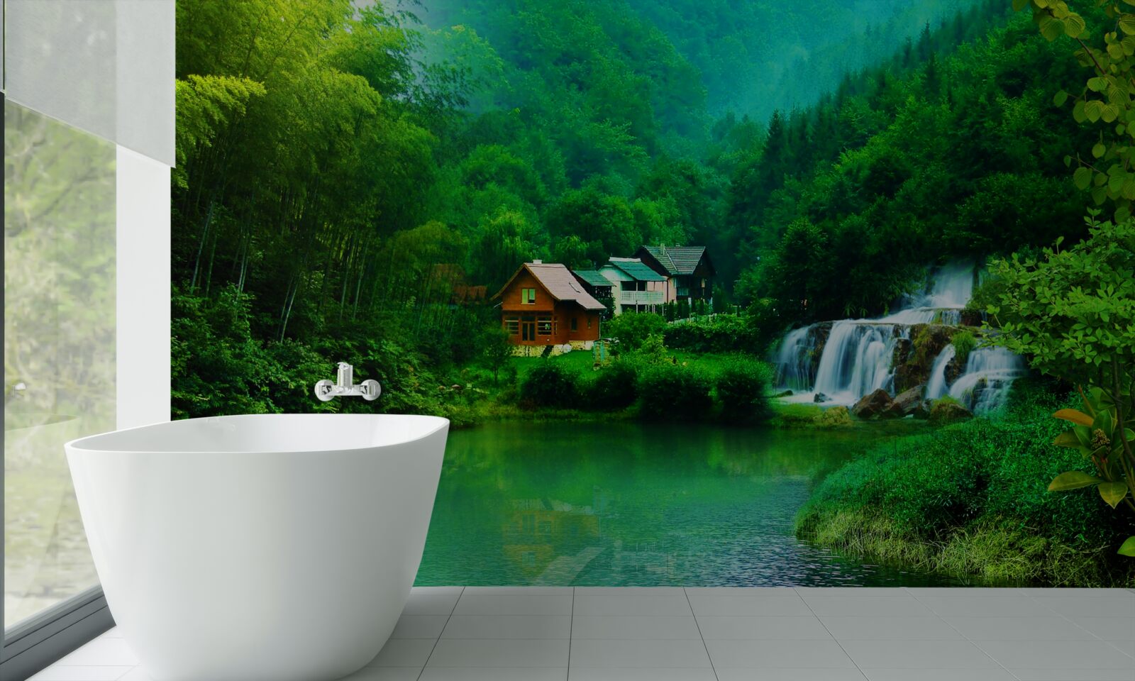 Papier peint une cascade paisible près d'une maison au bord d'un lac