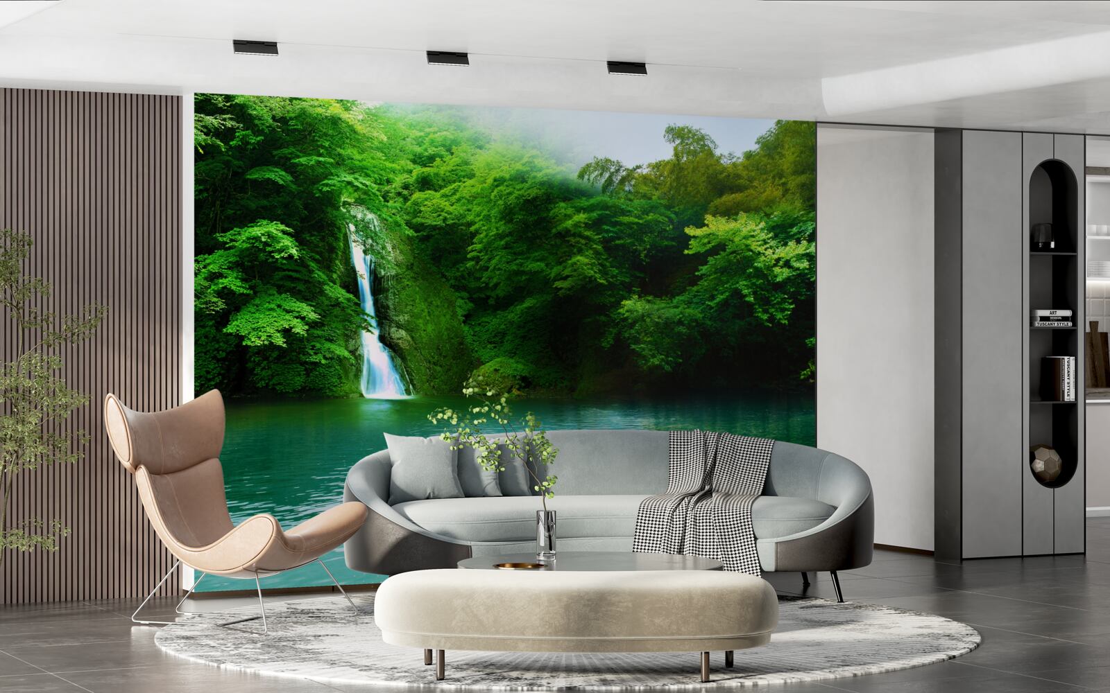 Papier peint cascade forestière s'écoulant d'une haute montagne