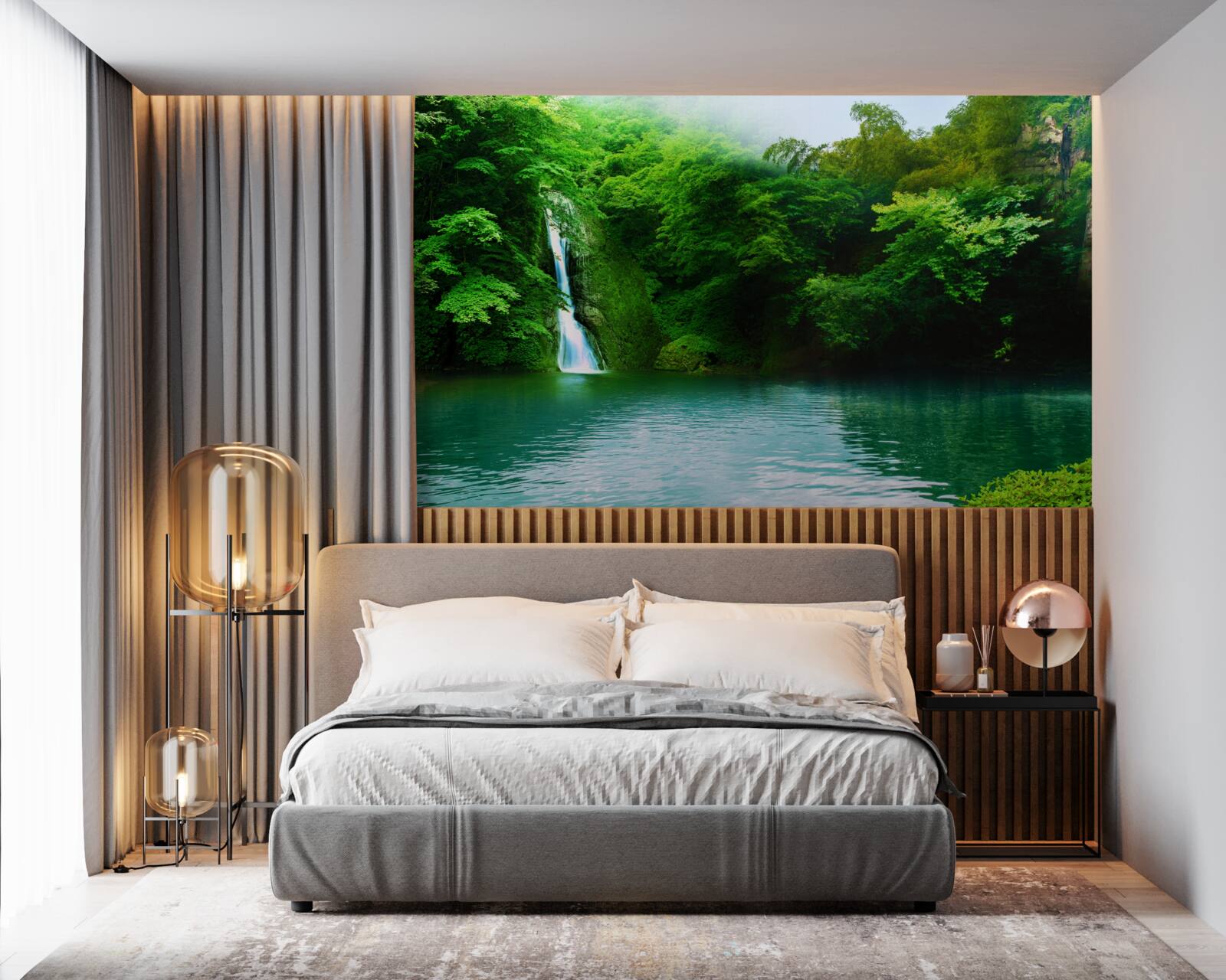 Papier peint cascade forestière s'écoulant d'une haute montagne