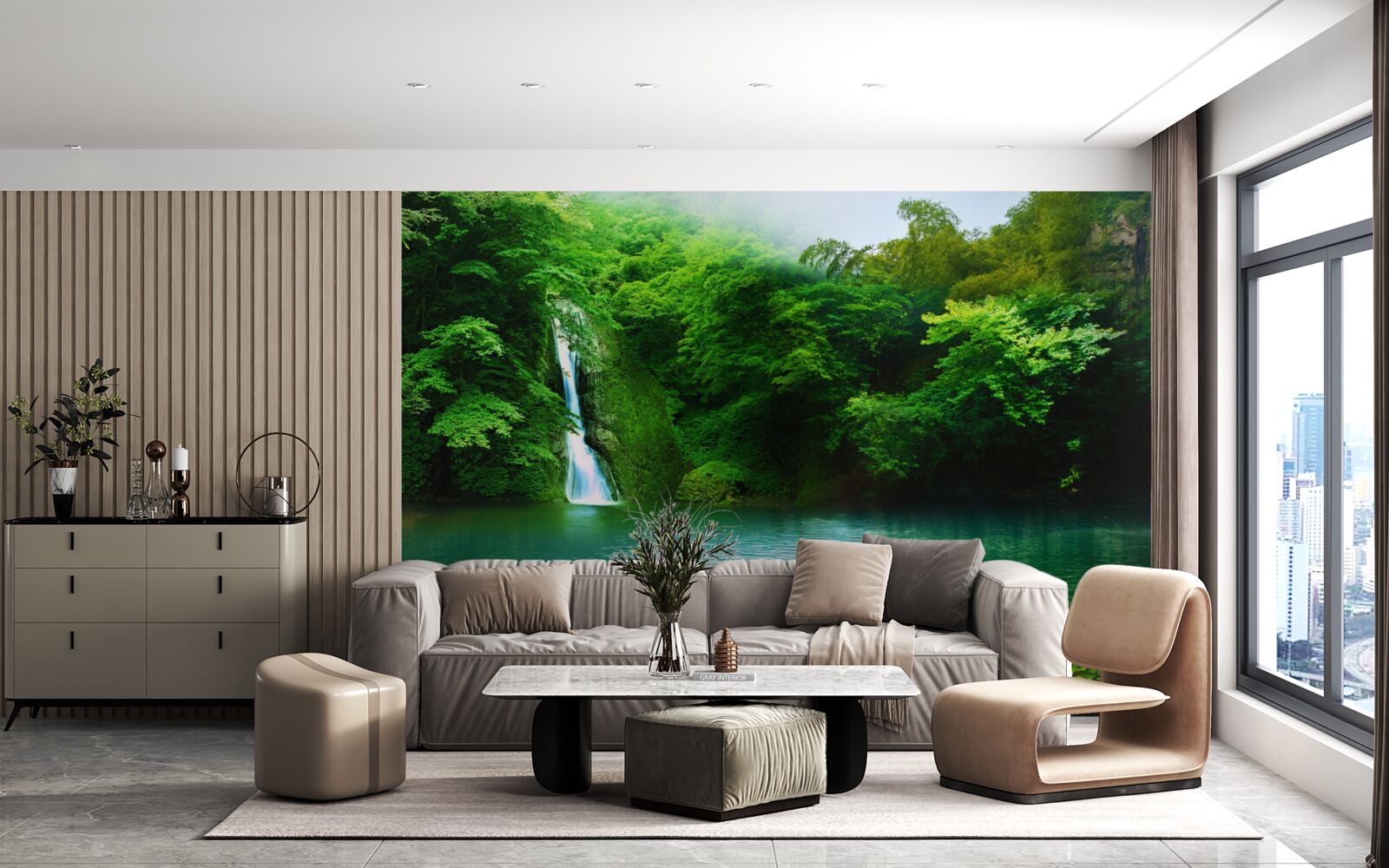 Papier peint cascade forestière s'écoulant d'une haute montagne