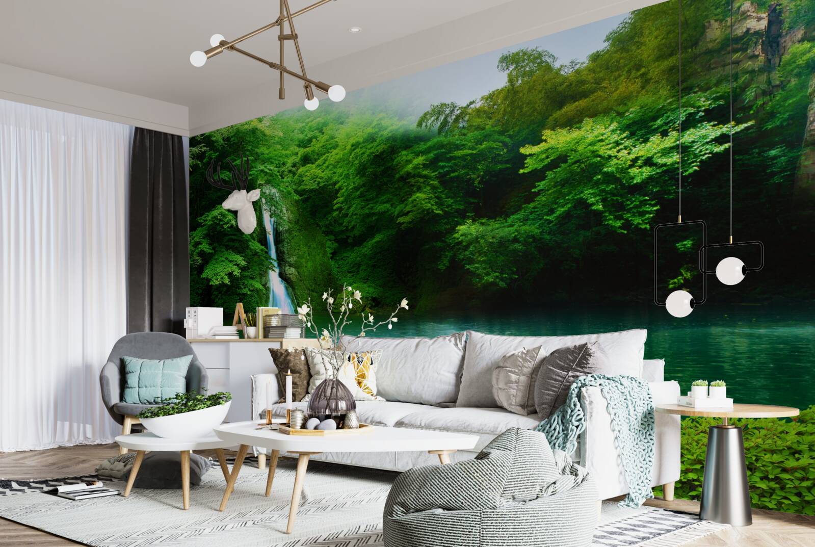 Papier peint cascade forestière s'écoulant d'une haute montagne