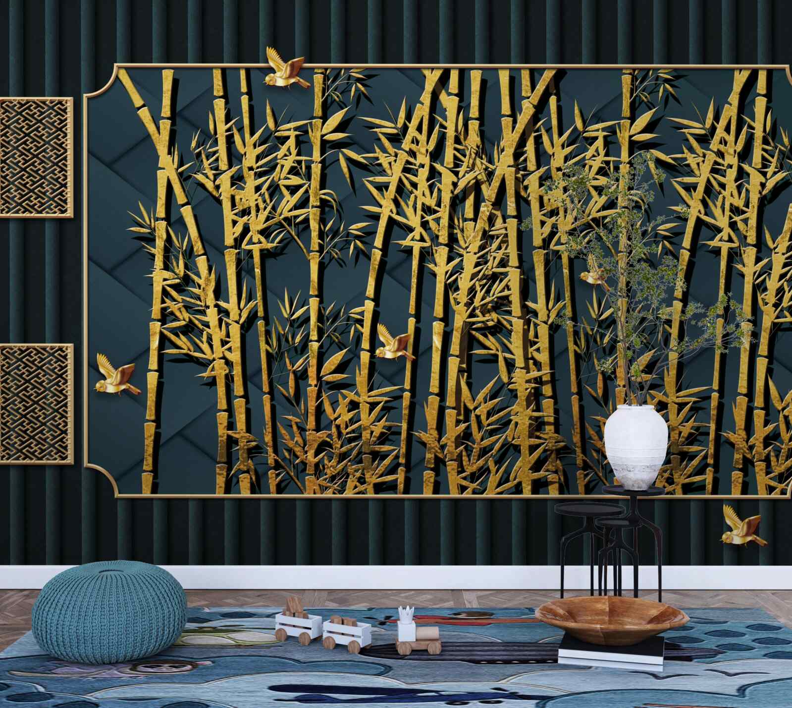 Papier peint forêt de bambous baignée d'or
