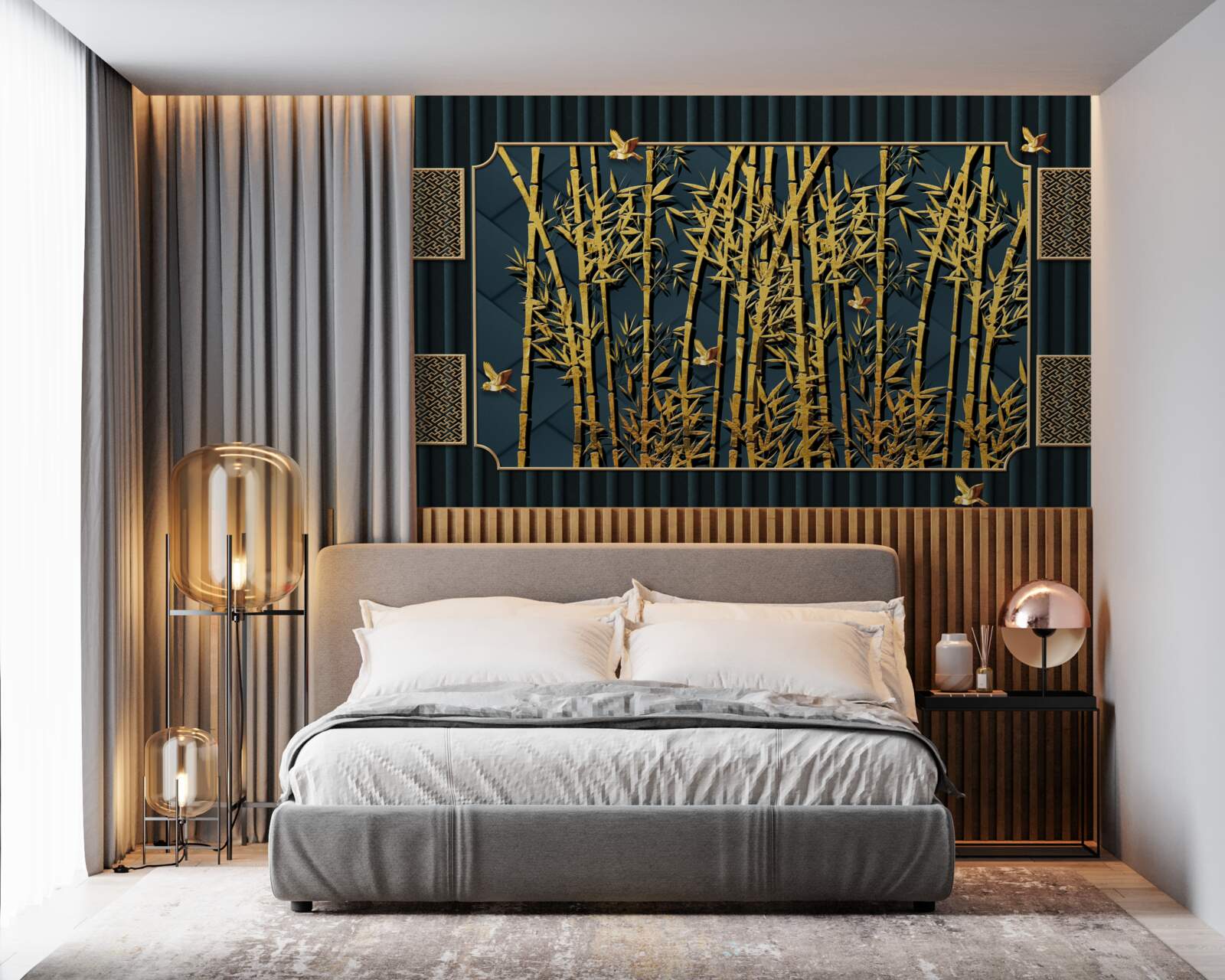 Papier peint forêt de bambous baignée d'or