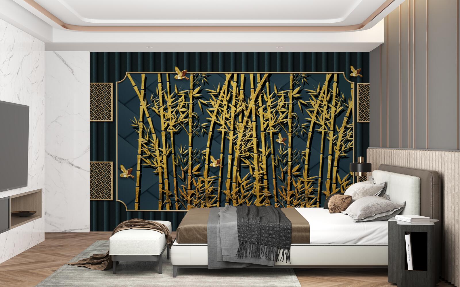 Papier peint forêt de bambous baignée d'or