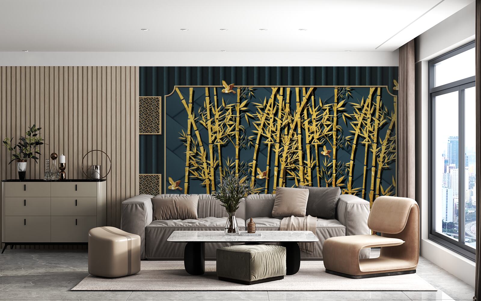 Papier peint forêt de bambous baignée d'or