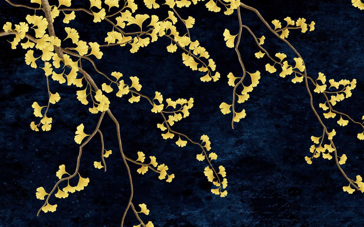 Papier peint branches de feuilles jaunes sur fond de ciel nocturne