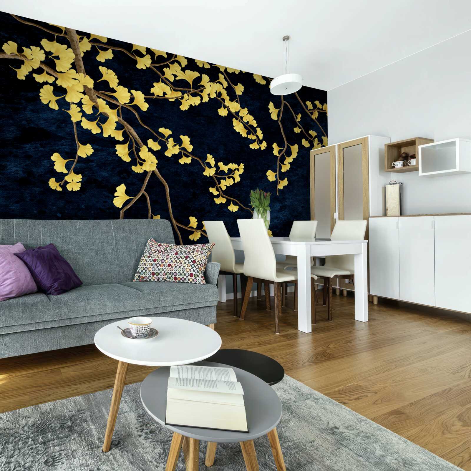 Papier peint branches de feuilles jaunes sur fond de ciel nocturne