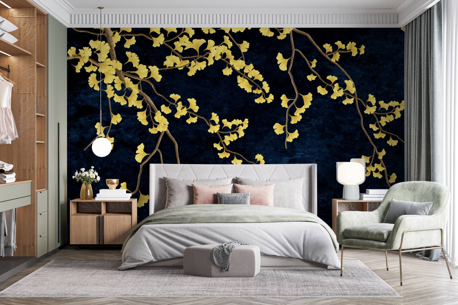 Papier peint branches de feuilles jaunes sur fond de ciel nocturne